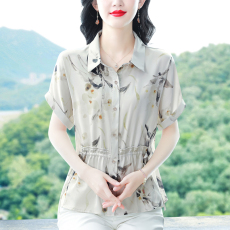批发实拍2026夏季妈妈装短袖翻领印花宽松显瘦修身大码上衣女