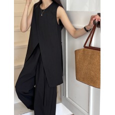 尺寸已更新 韩国chic 设计感开叉无袖上衣高腰阔腿长裤两件套