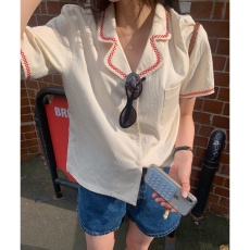 批发ins韩风小众设计感刺绣西装领宽松百搭短袖衬衫<b class='q'>女装</b>上衣