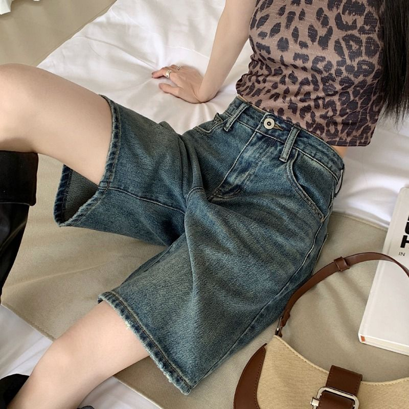 Retro washed straight denim shorts for women, high-waisted, slim, loose, distressed mid-pants, summer thin wide-leg trousers