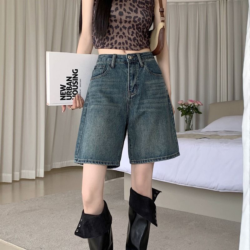 Retro washed straight denim shorts for women, high-waisted, slim, loose, distressed mid-pants, summer thin wide-leg trousers