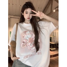 批发21支爽棉短袖<b class='q'>t</b><b class='q'>恤</b>夏2026潮正肩趣味印花中长圆领上衣韩版女装