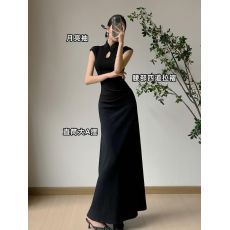 批发月亮袖中式气质国风旗袍盘扣镂空显瘦修A摆连衣裙