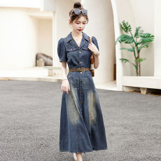 批发轻奢高端气质牛仔裙连衣裙女夏季薄款2026新款端庄大气长过膝长裙