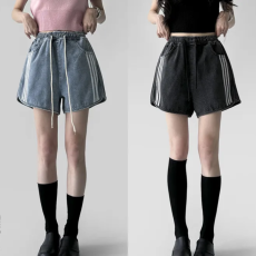 批发现 复古高腰弹力绑带<b class='q'>运动</b>风牛仔<b class='q'>短裤</b>