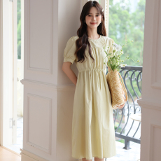 批发实拍2026年法式圆领文艺小清新收腰韩版复古修身短袖<b class='q'>连衣裙</b>甜美