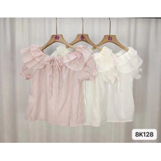 批发实拍实价夏季新款法式一字肩系带荷叶边短袖薄款<b class='q'>透明</b>甜美上衣女T