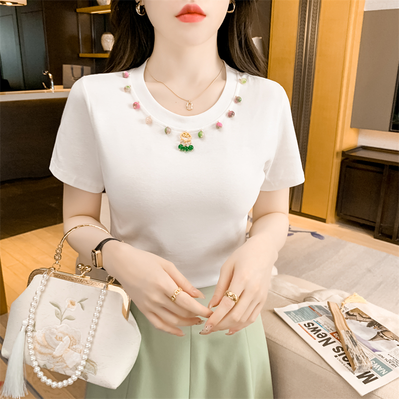 LN35334# 夏季韩版新款重工钉珠短袖T恤时尚名媛洋气显瘦 服裝批發女裝批發服飾貨源