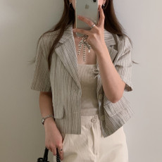 批发实拍 复古气质 翻领撞色条纹单排扣<b class='q'>短款</b>小香风西装上衣 2色