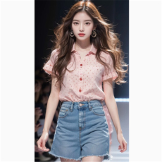 批发独特别致漂亮的小衫衬衫女装2026年新款夏季粉色V领气质短袖上衣