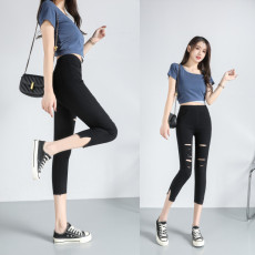 批发5777#实拍夏季<b class='q'>破洞</b>薄款高腰弹力小脚裤开叉七分九分小个子铅笔裤