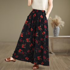 批发实拍 百搭大摆裤裙 <b class='q'>秋</b>季复古慵懒休闲丝麻印花阔腿裤宽松山本裤裙