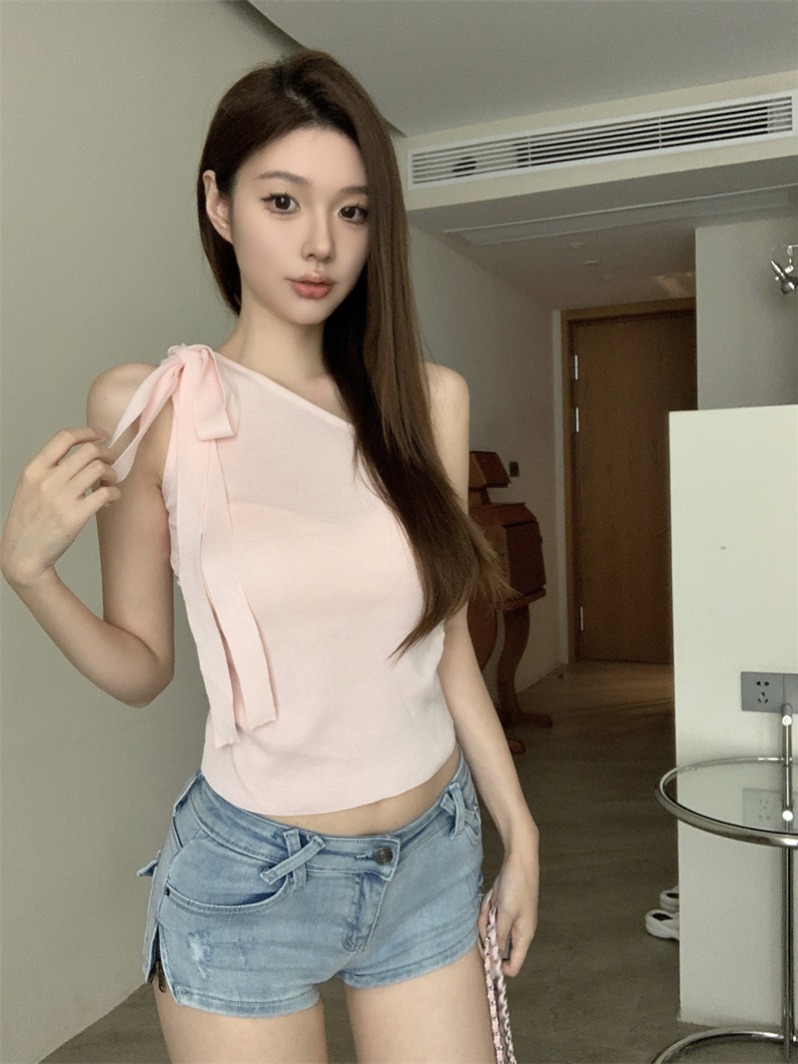 FA31484# 不减价辣妹斜肩针织绑带蝴蝶结吊带背心女修身短款内搭上衣 服裝批發女裝批發服飾貨源