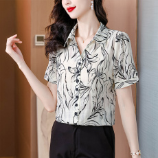 批发短袖雪纺<b class='q'>衬衫</b>女2026夏季新款洋气宽松显瘦遮肚子印花百搭时尚<b class='q'>衬衣</b>