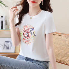 批发2026新款白色短袖t恤女夏季<b class='q'>女装</b>宽松纯棉新中式国风印花上衣