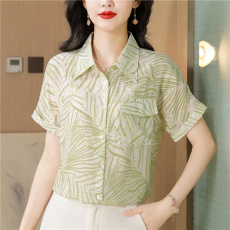 双绉真丝女绿花短袖衬衣上衣夏季新款气质桑蚕丝衬衫女士洋气小衫