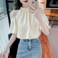 批发夏季2025新款泡泡袖露肩挂脖设计感小众宽松显瘦遮肉雪纺衫上衣女