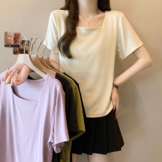 批发实拍~胖MM大码收腰显瘦方领短袖t恤女夏季宽松百搭设计感小众<b class='q'>上衣</b>