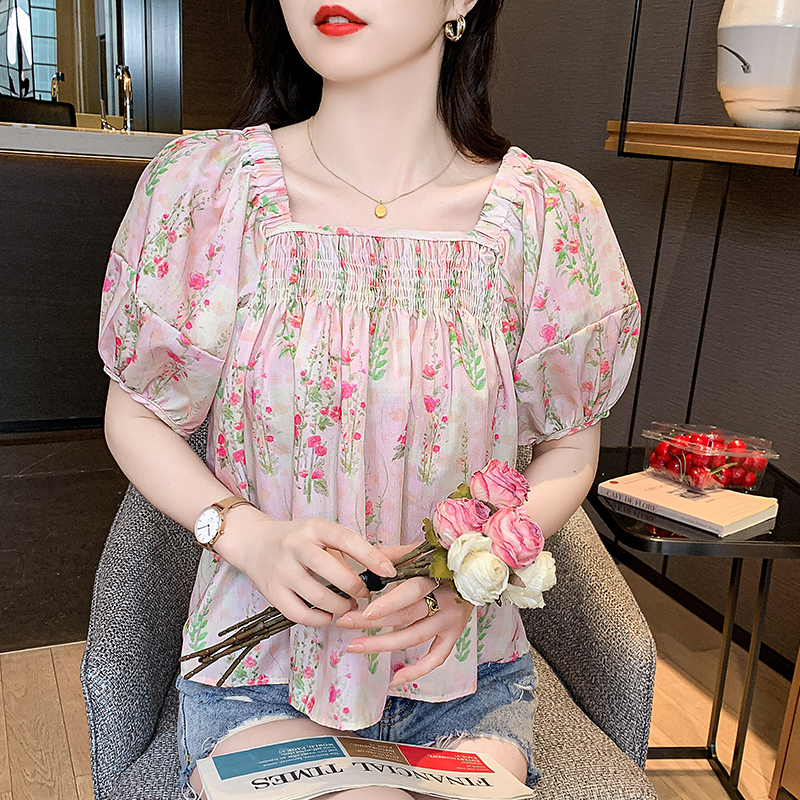 LN35636# 韩版小清晰方领娃娃衫女夏季新款百搭减龄泡泡袖小衫洋气上衣 服裝批發女裝批發服飾貨源