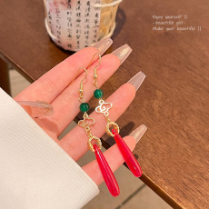 批发新中式中古风长款流苏耳环女古装汉服水滴形耳勾仿玉髓耳钉耳<b class='q'>饰品</b>