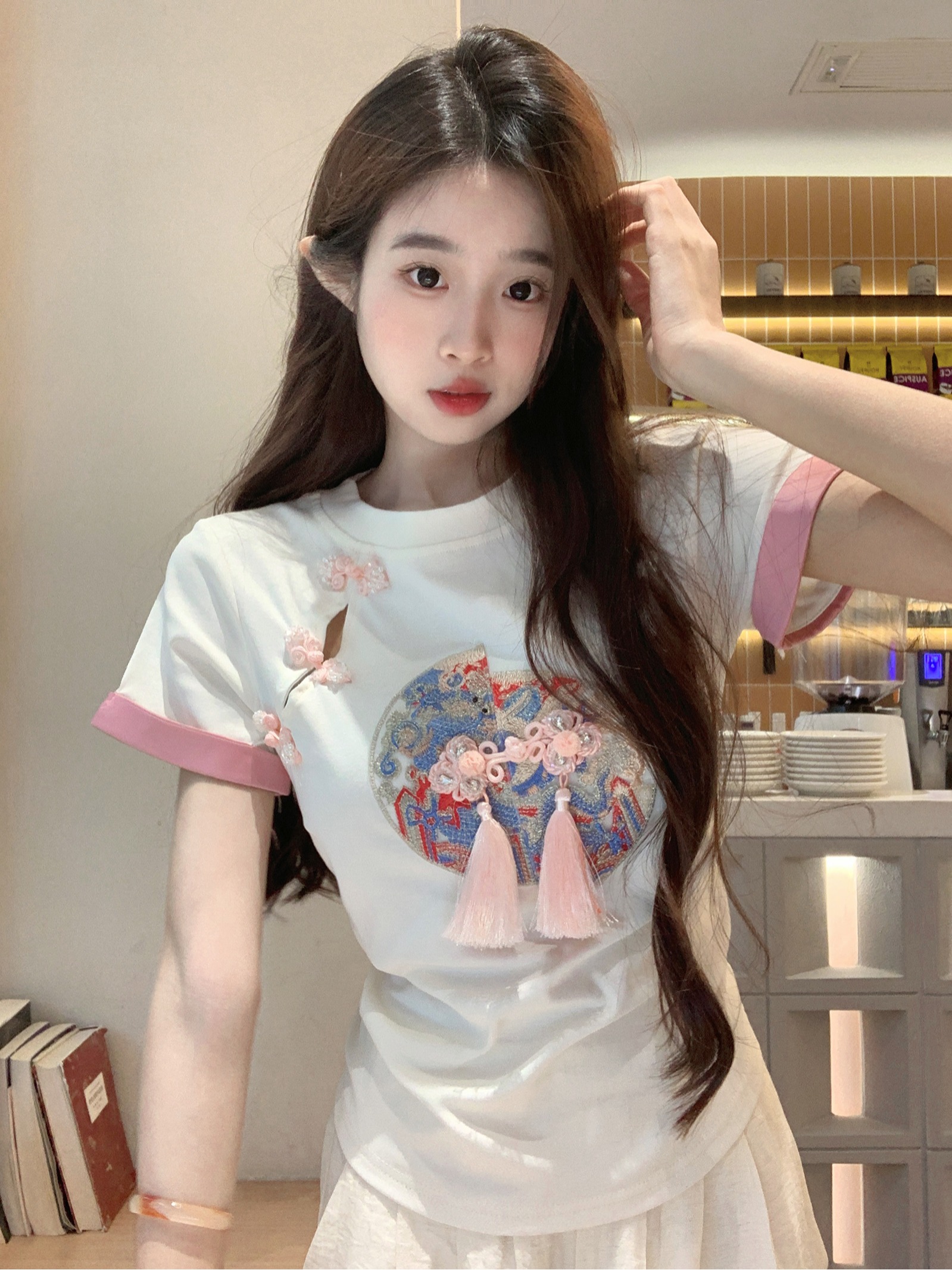 MY1825#  新中式1比1螺纹 短袖t恤女夏刺绣花修身正肩短款圆领上衣女裝貨源服裝批發