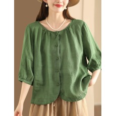 2026苎麻衬衫女气质单排扣圆领外搭文艺开衫上衣外套