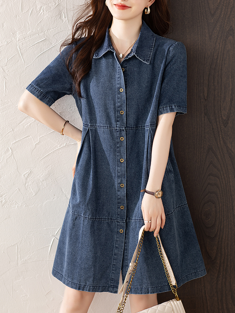 MY3852#翻领连衣裙女夏新款宽松气质显瘦a字裙女裝貨源服裝批發