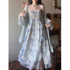 批发温婉气质高腰荷叶边闪片印花吊带裙<b class='q'>连衣裙</b>夏季清新小众长裙