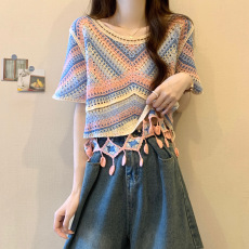 批发实拍实价 新版复古夏季刺绣<b class='q'>镂空</b>拼色设计感短袖上衣