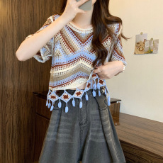 批发实拍实价 新版复古夏季刺绣<b class='q'>镂空</b>拼色设计感短袖上衣