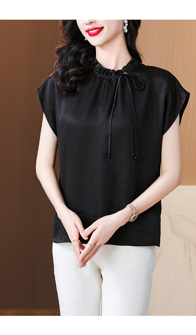 香云纱短袖上衣女2024夏季中老年妈妈轻奢桑蚕丝黑色宽松t恤小衫