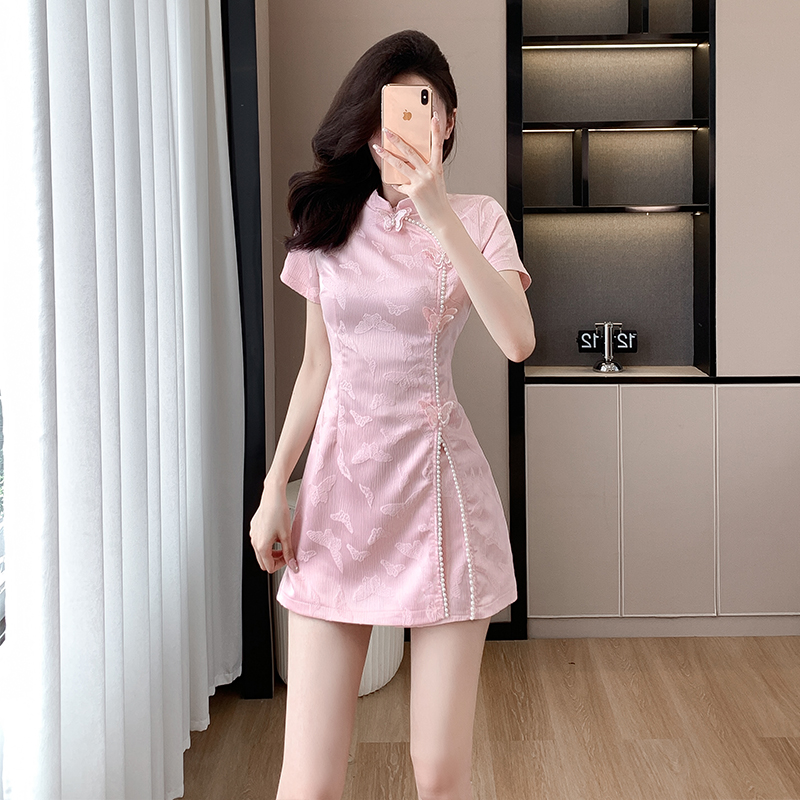 PF12717# 新中式复古立领短袖连衣裙少女感短裤两件套国风改良旗袍套装...