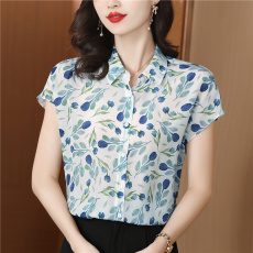 批发双绉<b class='q'>真丝</b>桑蚕丝<b class='q'>衬衫</b>女2026夏装新款杭州丝绸印花翻领短袖<b class='q'>衬衣</b>上衣