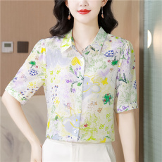 批发透气双绉<b class='q'>真丝</b><b class='q'>衬衫</b>女短袖碎花高端100%桑蚕丝上衣半袖<b class='q'>衬衣</b>气质小衫