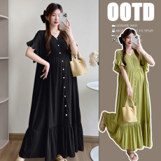 批发实拍 孕妇连衣裙V领<b class='q'>休闲</b>纯色荷叶边长款显瘦大码裙子