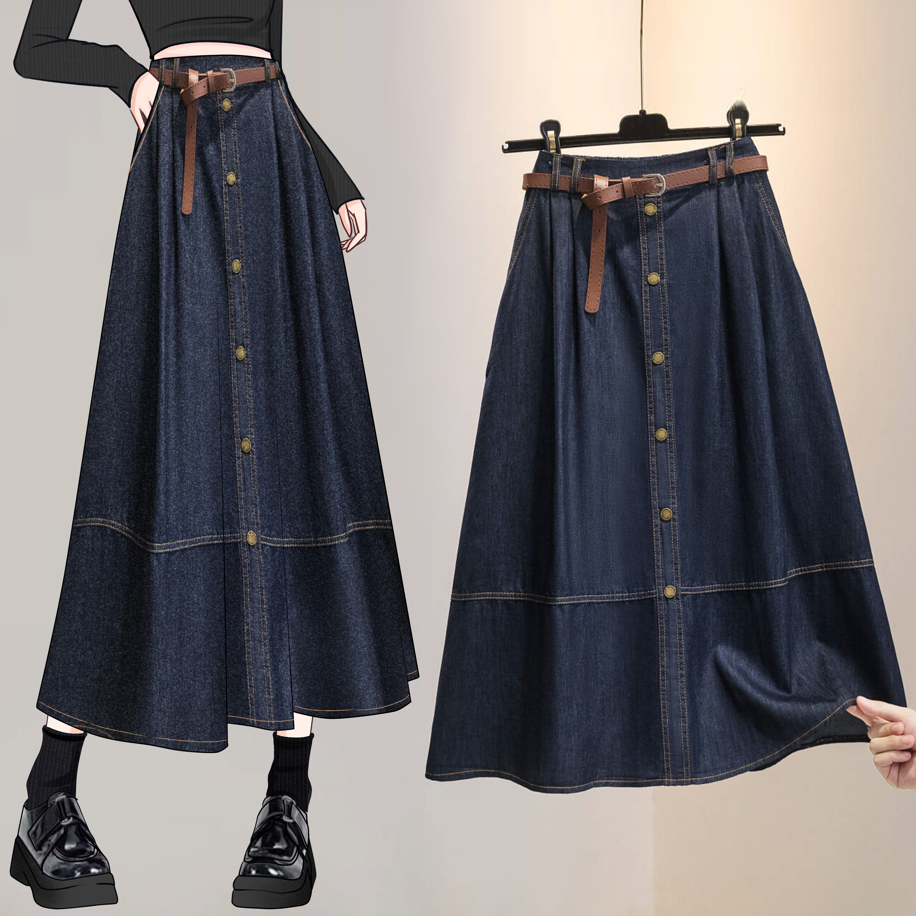 실사 빅 사이즈 여성 의류 2026 봄 한국 스타일 주간 실크 데님 반신 롱 스커트 마이크로 지방 mm 슬림해 보이는 빅 플레어 스커트