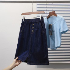 批发实拍夏新大码天丝牛仔五分半身裙胖MM弹力显瘦松紧腰休闲A字裙