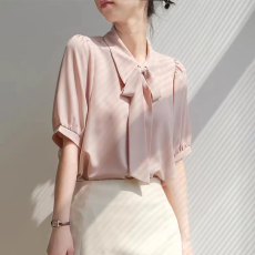 批发粉色飘带雪纺短袖衬衫女夏薄款韩系温柔甜美洋气垂感小众港风衬衣