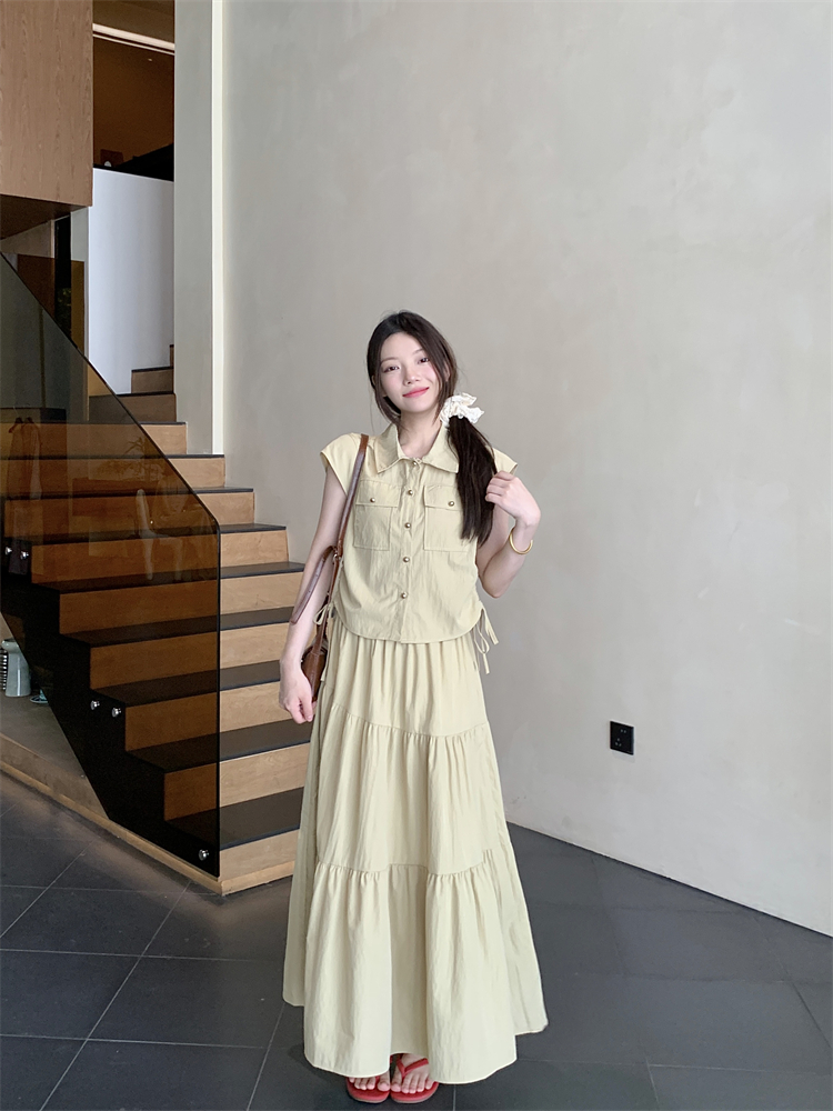 PF11680#韩版抽绳口袋装饰衬衫+大摆半身裙女裝貨源服裝批發