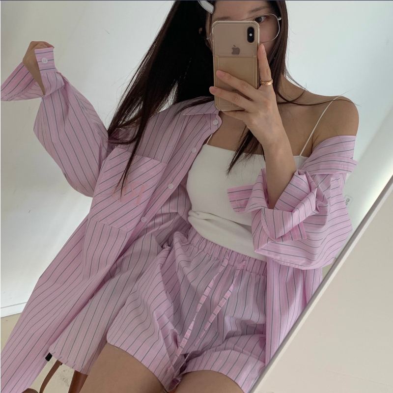 있음 선적 패션 세트 루즈핏 스트라이프 자외선 차단 긴팔 셔츠 허리밴드 넓은 다리 캐주얼 바지