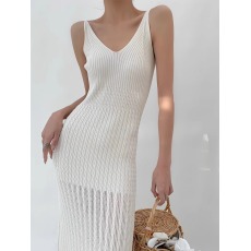 批发韩国V领镂空冰丝针织吊带连衣裙内搭气质性感纯欲心机<b class='q'>OL</b>打底长裙