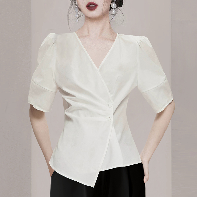 LN36956# 新款白色衬衣收腰洋气别致衬衣 服裝批發女裝批發服飾貨源