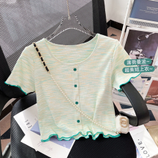 批发实拍高品质~夏季新款彩棉小香风单排扣正肩T恤女<b class='q'>短袖</b>修饰甜辣