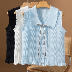 批发实拍 大码女装胖MM系带娃娃领针织衫修身显瘦马甲无袖女上衣