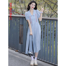 批发法式桔梗茶歇复古气质收腰显瘦蓝色衬衫哺乳连衣裙