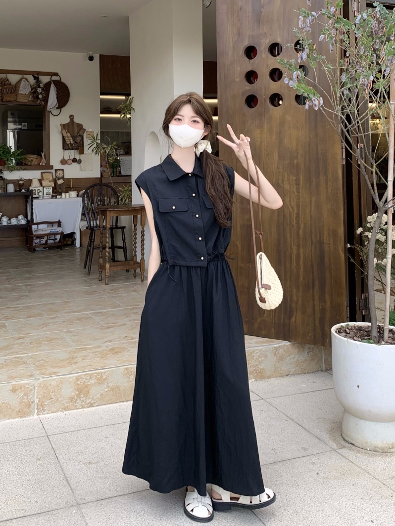 Actual shot of 2024 new summer style sleeveless work shirt top for women + large swing loose long skirt two-piece suit