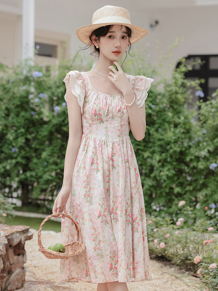 2026 여름 새로운 프랑스식 핑크색 꽃무늬 레이스 드레스 여성 의류 고급 센스 품격 허리 수축 치마