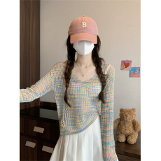 批发实拍实价 夏季新款针织防晒罩衫长袖T恤v领镂空钩花彩虹薄款上衣