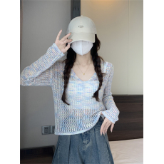 批发实拍实价 夏季新款针织防晒罩衫长袖T恤v领镂空钩花彩虹薄款上衣