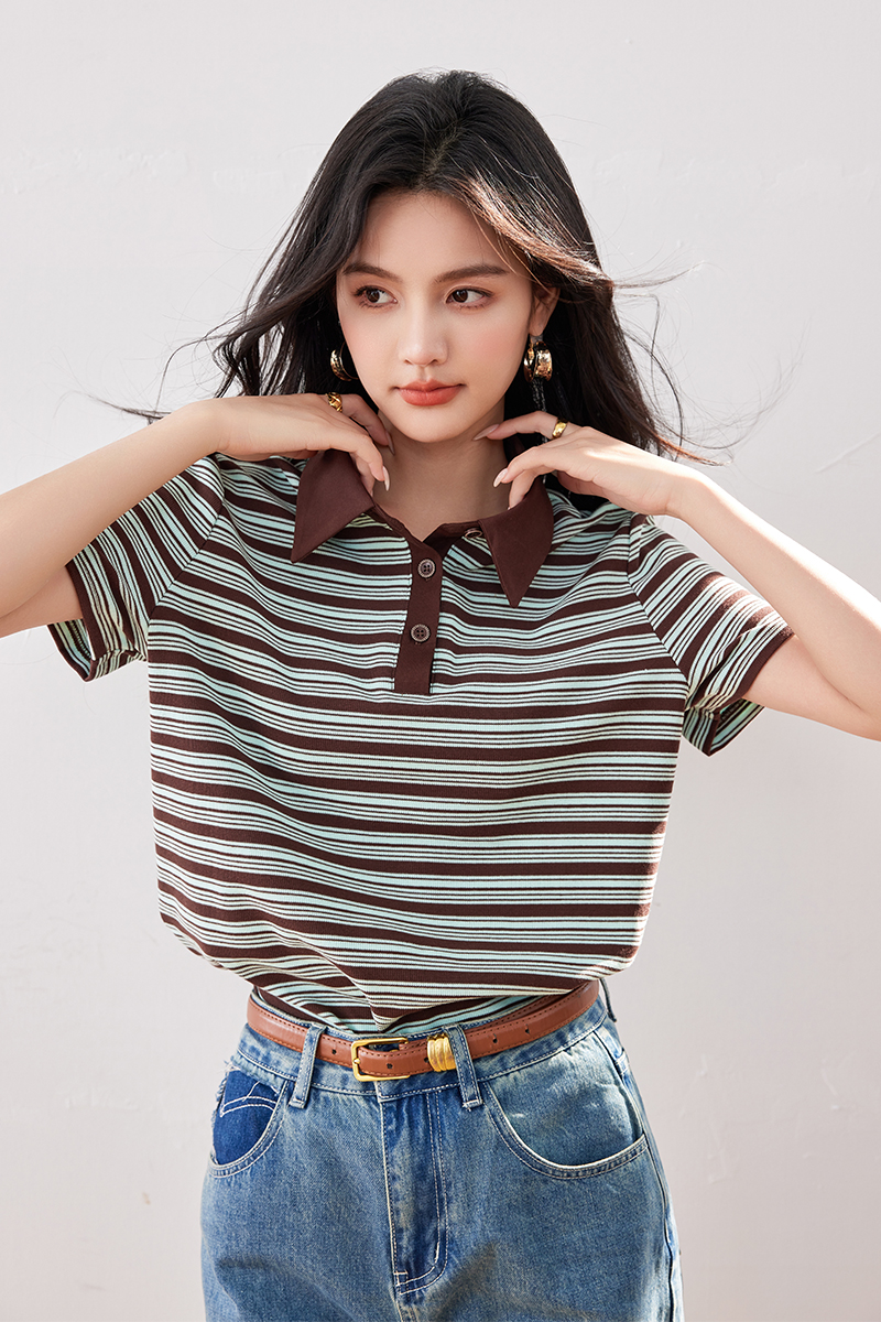 레트로 스타일 스트라이프 POLO 셔츠 여성 2026 여름 긍정적 인 어깨 캐주얼 새로운 루즈핏 슬림해 보이는 디자인 센스 티셔츠